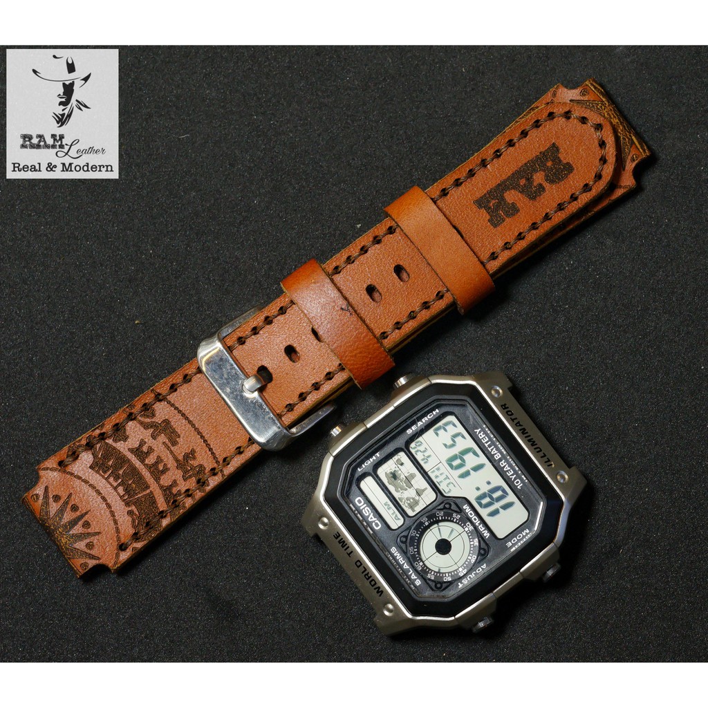 Dây đồng hồ RAM Leather Trống đồng cho CASIO 1200, AE 1200, 1300, 1100, A159 , A168 , Size 18 da bò nâu đỏ