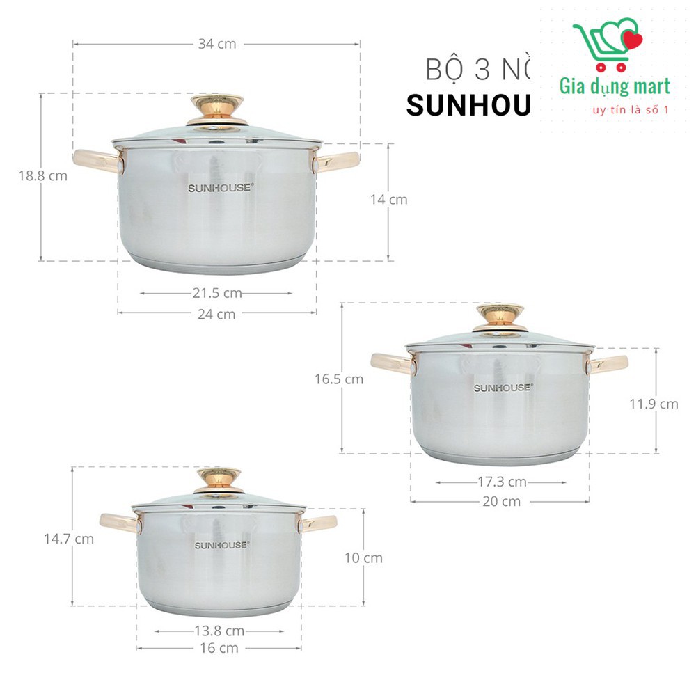 Nồi inox SUNHOUSE  [ 781 gồm 3 Nồi ] dùng mọi loại bếp