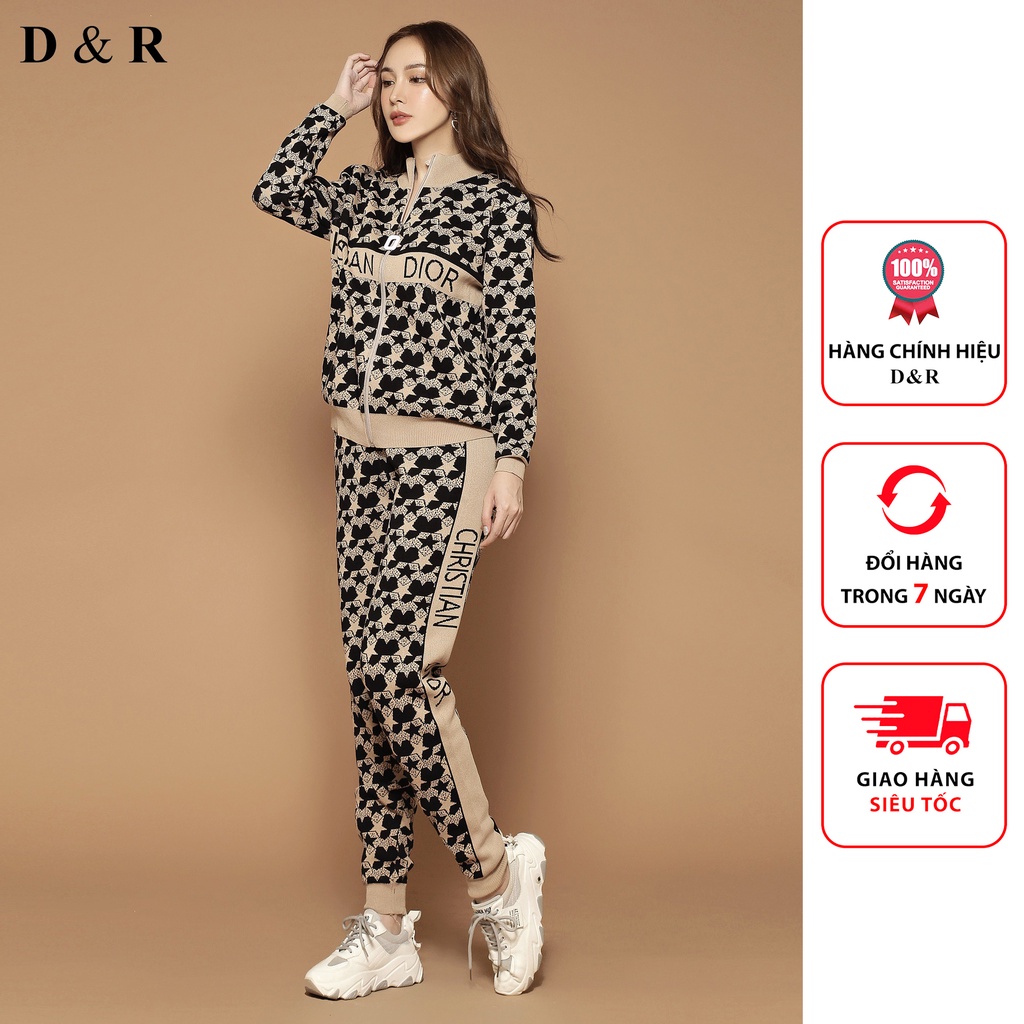 Set bộ len dệt kim nữ thiết kế trái tim sang chảnh Quảng Châu cao cấp thương hiệu thời trang D&amp;R L009