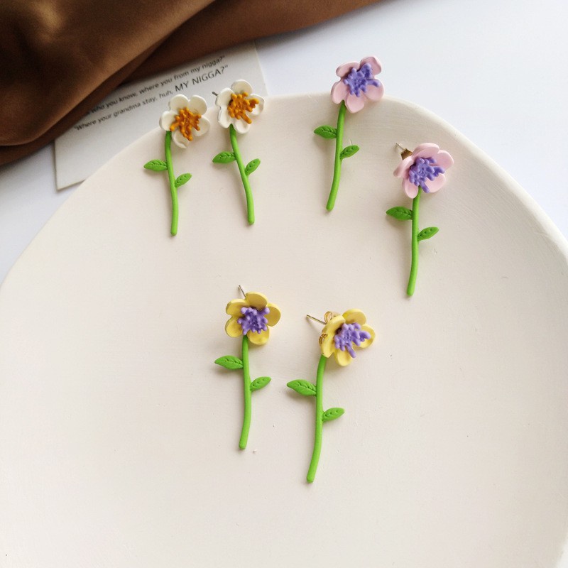 Bông tai bạc S925 hình hoa màu sắc tương phản phong cách Nhật Hàn thời trang cho nữ F275