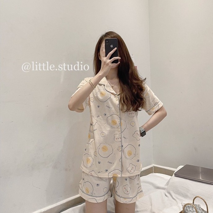 Bộ pyjama mặc nhà họa tiết trứng rán dễ thương đơn giản chất thun mỏng nhẹ thoáng mát Hàn Quốc mùa hè | BigBuy360 - bigbuy360.vn
