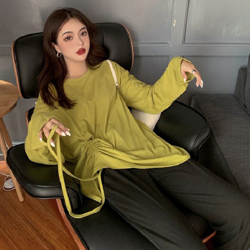 Áo Thun Tay Dài Phối Dây Rút Phong Cách Hong Kong Thời Trang Cho Nữ