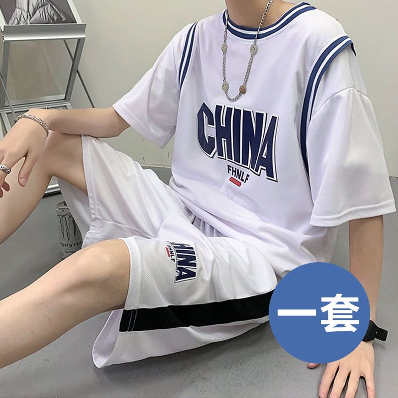 Summer ice silk fake two-piece sportswear suit 2021 new men's fashion casual short-sleeved t-shirt basketball shorts