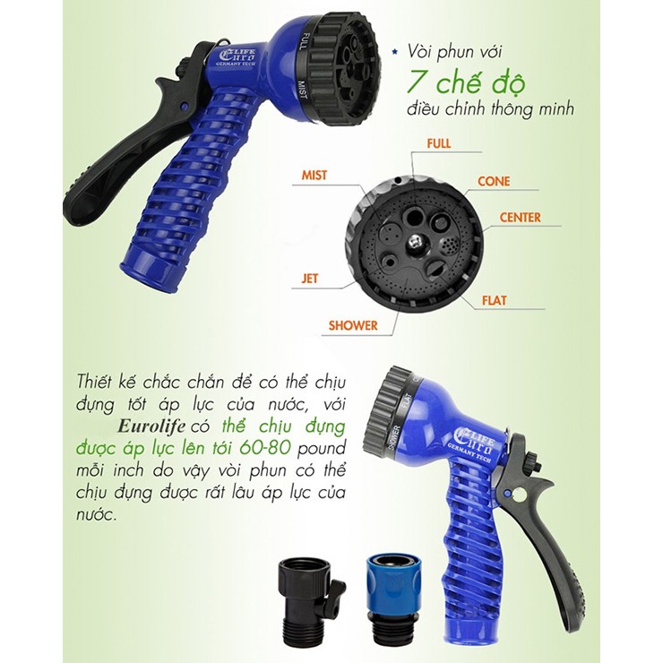 Vòi xịt đa năng 7 chế độ, giãn nở 3 lần, dài 15 mét Eurolife EL-XDN 5-15