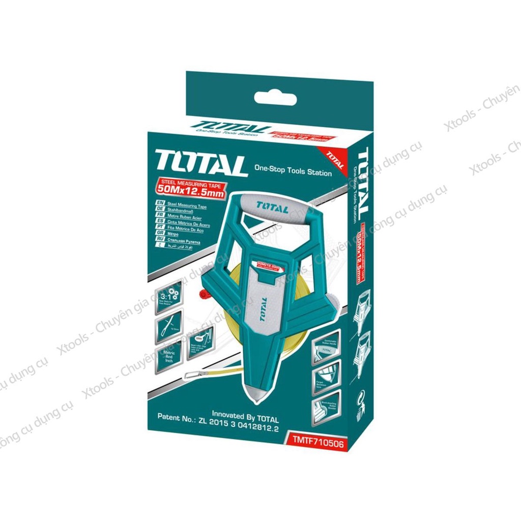 Thước dây cuộn sợi thủy tinh TOTAL TMTF12506 50m, thước cuốn đa năng vỏ nhựa ABS bọc cao su siêu bền, tốc độ cuốn nhanh