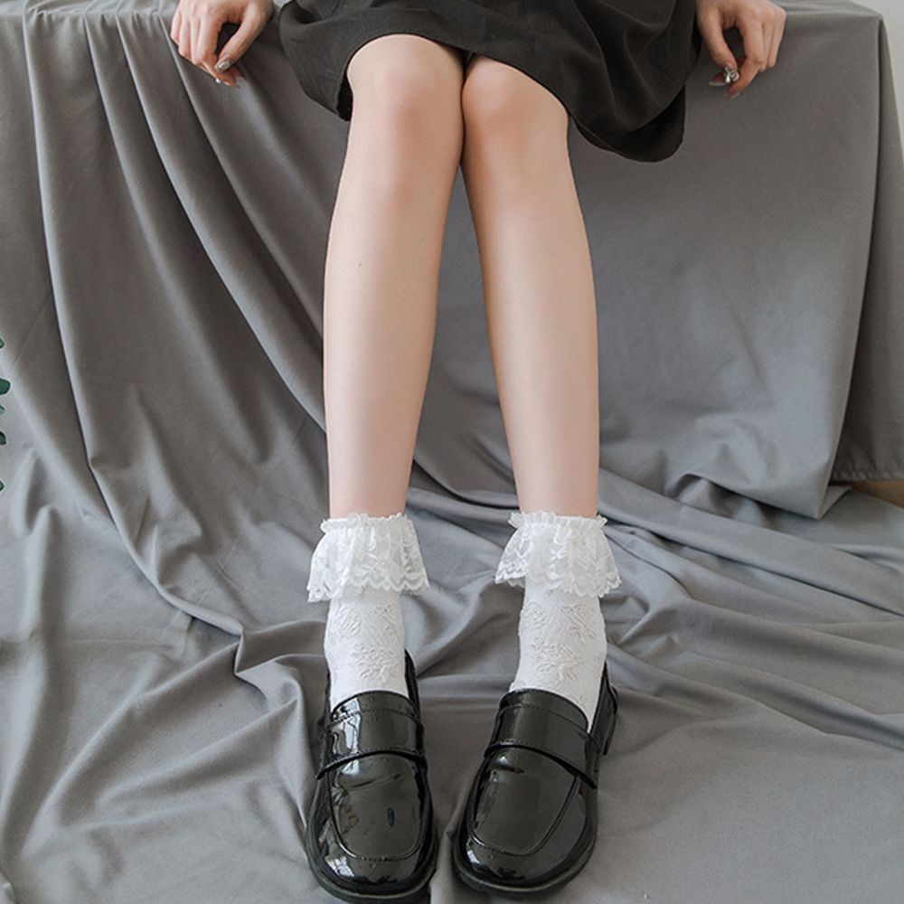 MKEB Vớ cotton màu trắng phối diềm đính nơ phong cách lolita vintage đáng yêu thời trang dành cho nữ