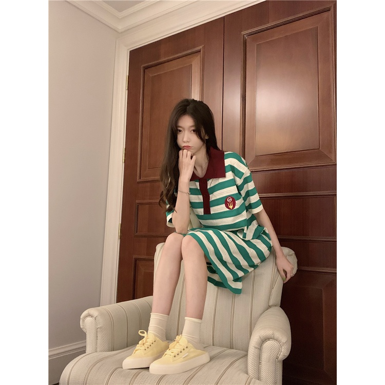 Xiaozhainv Đầm Midi Tay Ngắn Cổ Polo Dáng Rộng Họa Tiết Sọc Xanh Lá Thời Trang Mùa Hè Cho Nữ