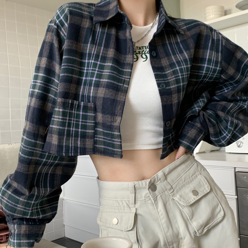 Áo sơ mi SUXI tay dài họa tiết sọc caro thời trang cho nữ