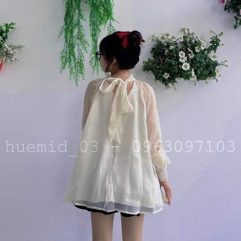 Áo kiểu nữ tơ ánh buộc cổ tay bồng, Áo tiểu thư voan tơ dáng xoè cực xinh
