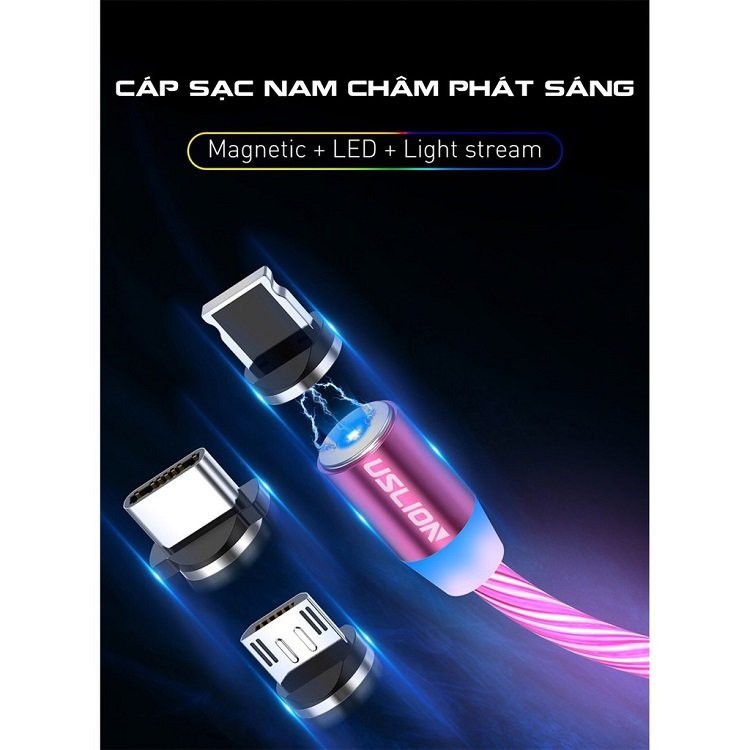 Dây Sạc Nhanh Nam Châm 3 Đầu Có Đèn Led Phát Sáng Độc Đáo