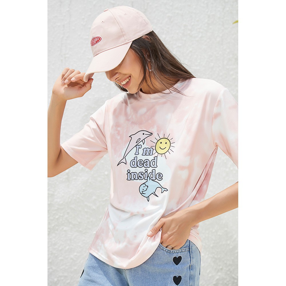 Áo thun Lovito in hoạt hình nhuộm màu oversize dáng rộng L02019 (Pink)