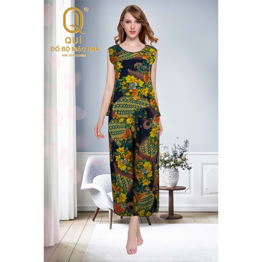 Đồ bộ Tole mặc nhà Quí quần ống rộng, áo sát nách, thoáng mát, không rút, họa tiết chấm bi, hoa văn - ORSN001
