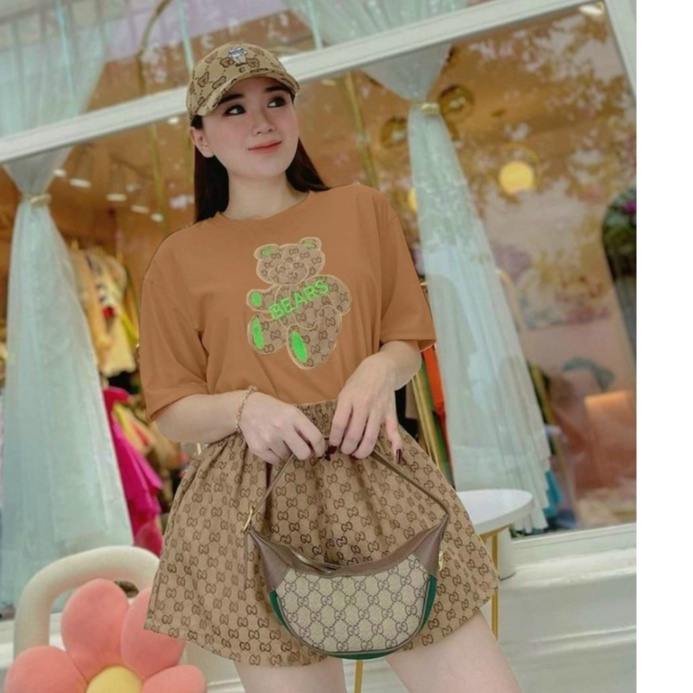 Sét bộ nữ hót Trend áo thun họa tiết thêu gấu kèm quần phối túi thời trang nữ mùa hè