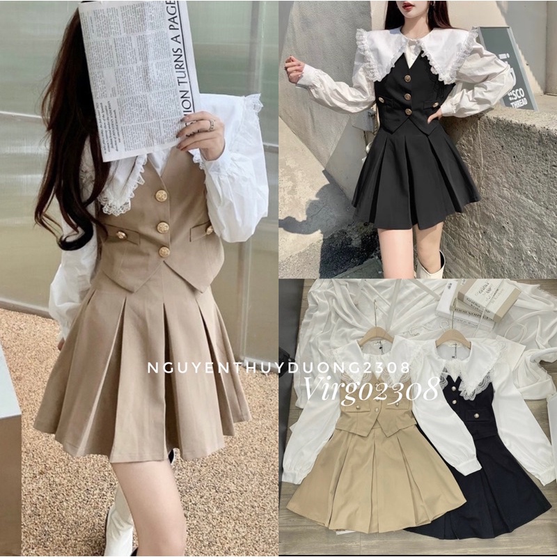 [HÀNG MỚI VỀ]SET ÁO “sơmi ren” MIX GILE+CHÂN VÁY XẾP LI siêu xinh