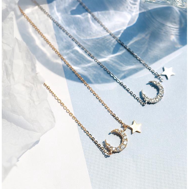 925 sterling silver chain with moon star and zircon Korean style cute