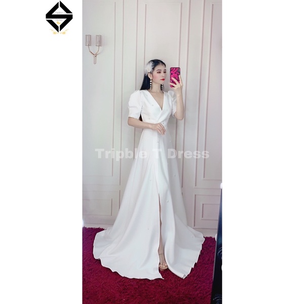 Đầm maxi mặc cưới xẻ đùi tay ngắn phồng kết hoa đá toàn thân váy TRIPBLE T DRESS - MS279Y