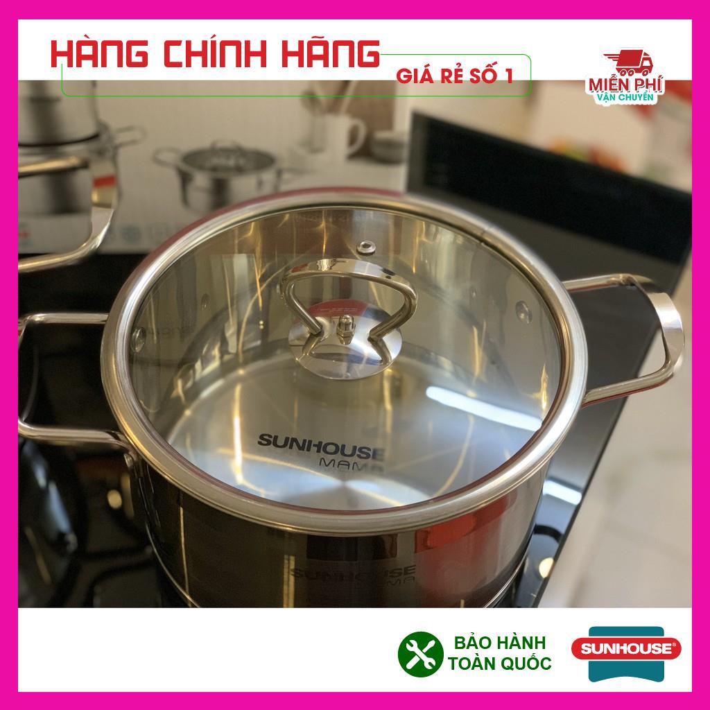 Bộ nồi Sunhouse Mama SH784, Bộ nồi inox Sunhouse SH784, đáy dùng cho bếp từ, 3 nồi kích thước: 16cm, 20cm, 24cm.