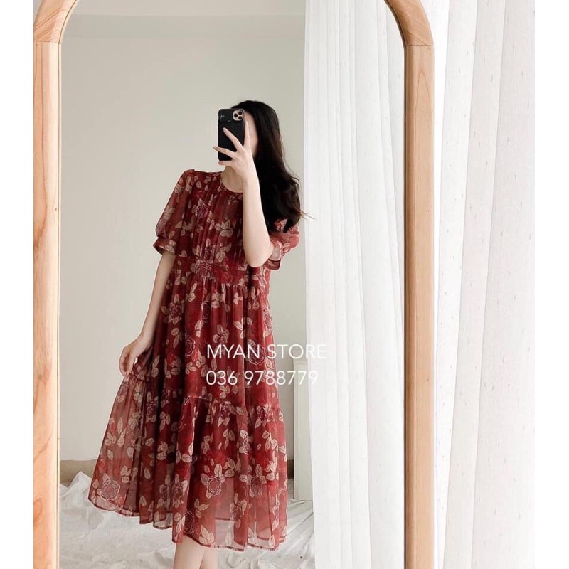 Váy hoa voan lá đỏ | BigBuy360 - bigbuy360.vn