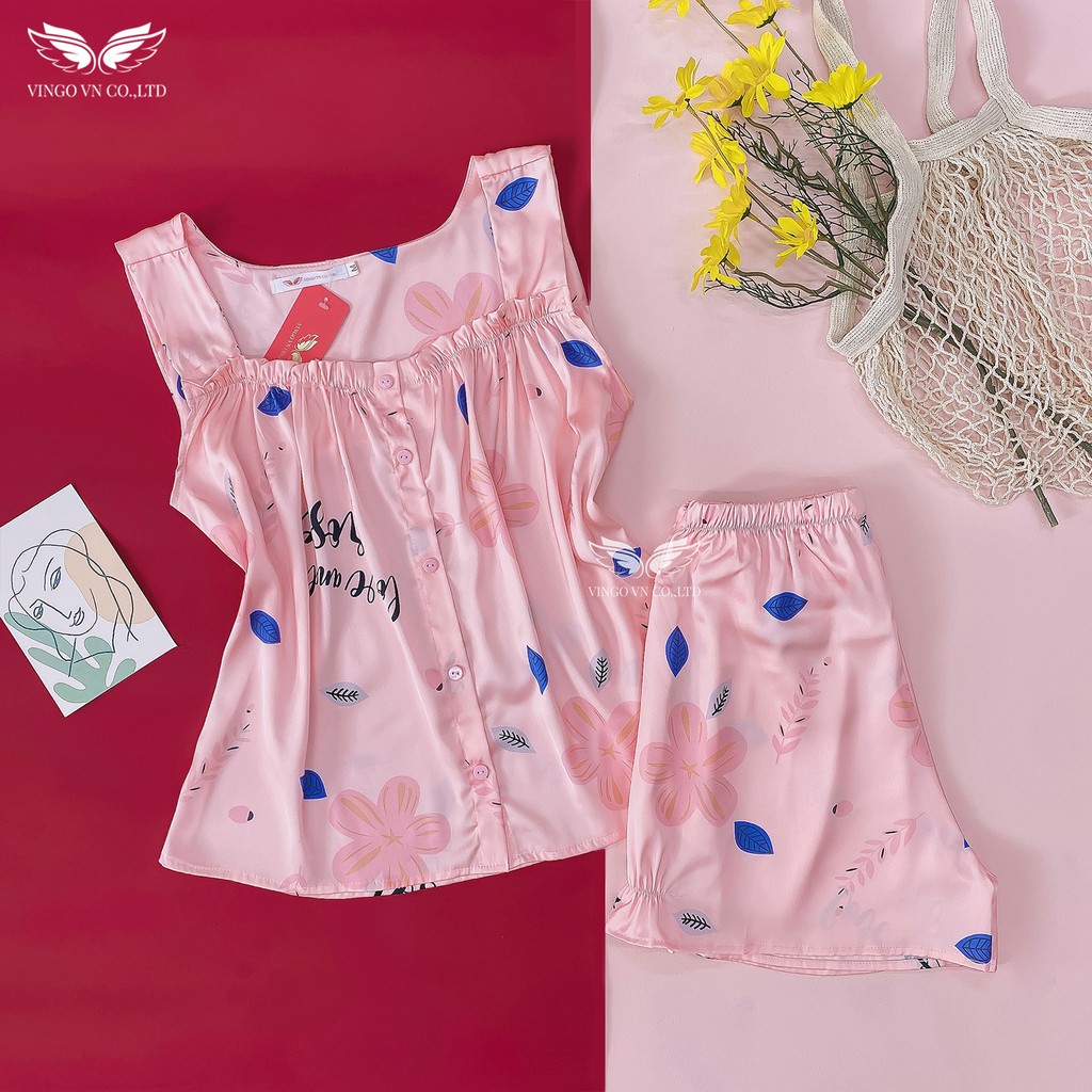 VINGO Bộ Đồ Ngủ Mặc Nhà Nữ Lụa Pháp Cao Cấp Áo Cổ Vuông Quần Cộc Bo Chun Màu Hồng N320 VNGO | BigBuy360 - bigbuy360.vn