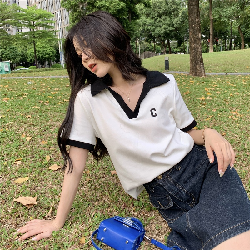 Porozi  Áo Thun Nữ Ngắn Tay Cổ Chữ V Thời Trang Hàn