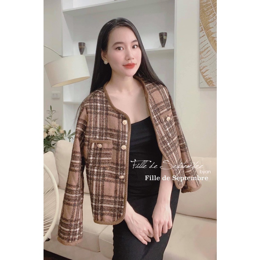 Áo khoác dạ tweed tiểu thư form lửng sọc chất đẹp phong cách Hàn Quốc
