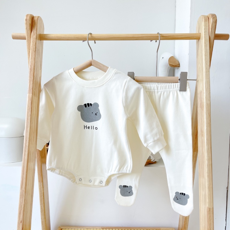 Bộ Áo Liền Quần Bằng Cotton Tay Dài In Họa Tiết Động Vật Dễ Thương + Quần Dài Thời Trang Cho Bé Sơ Sinh 0-2 Tuổi