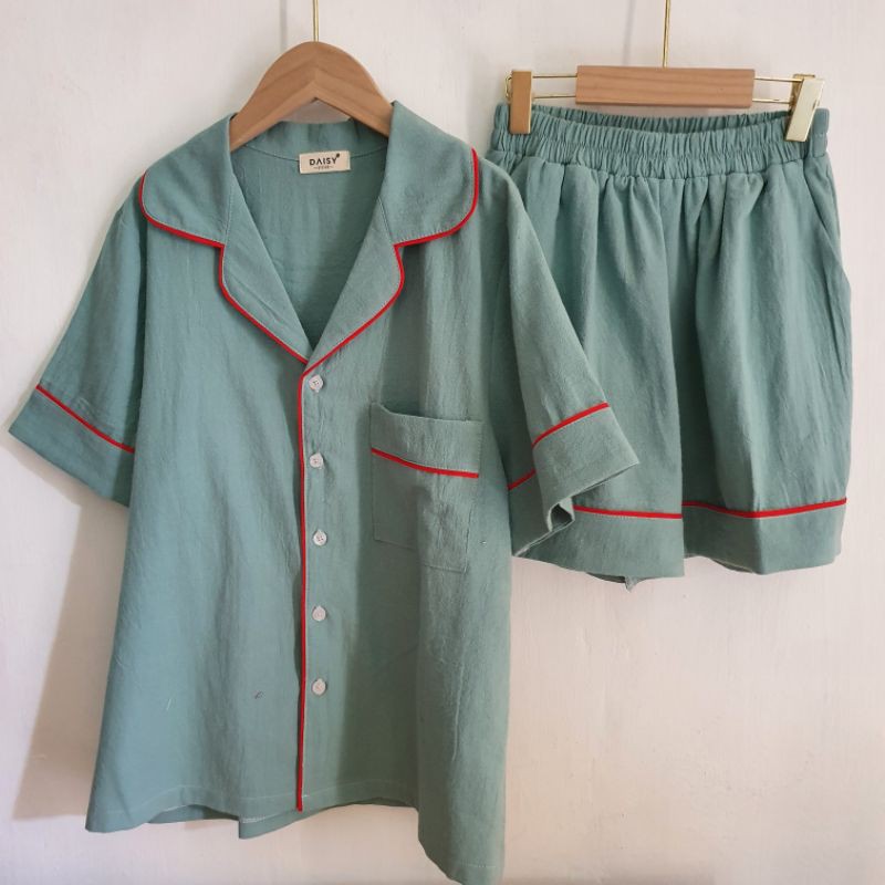 Pyjama mặc nhà đùi thô đũi cara xanh ngọc viền đỏ