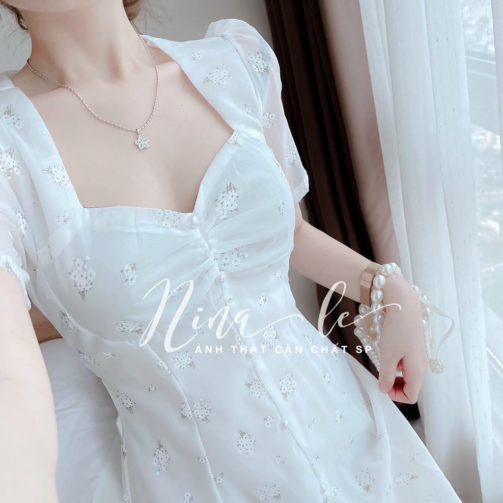 Đầm Trắng Dự Tiệc Dáng Suông Tay Phồng Họa Tiết Hoa Phong Cách Tiểu Thư Xẻ Tà Sang Chảnh Thời Trang Minh Phúc