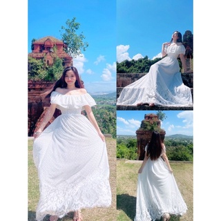 (miễn phí chỉnh váy) đầm maxi ren trễ vai váy xòe đi biển du lịch đi tiệc thiết kế sang trọng cao cấp