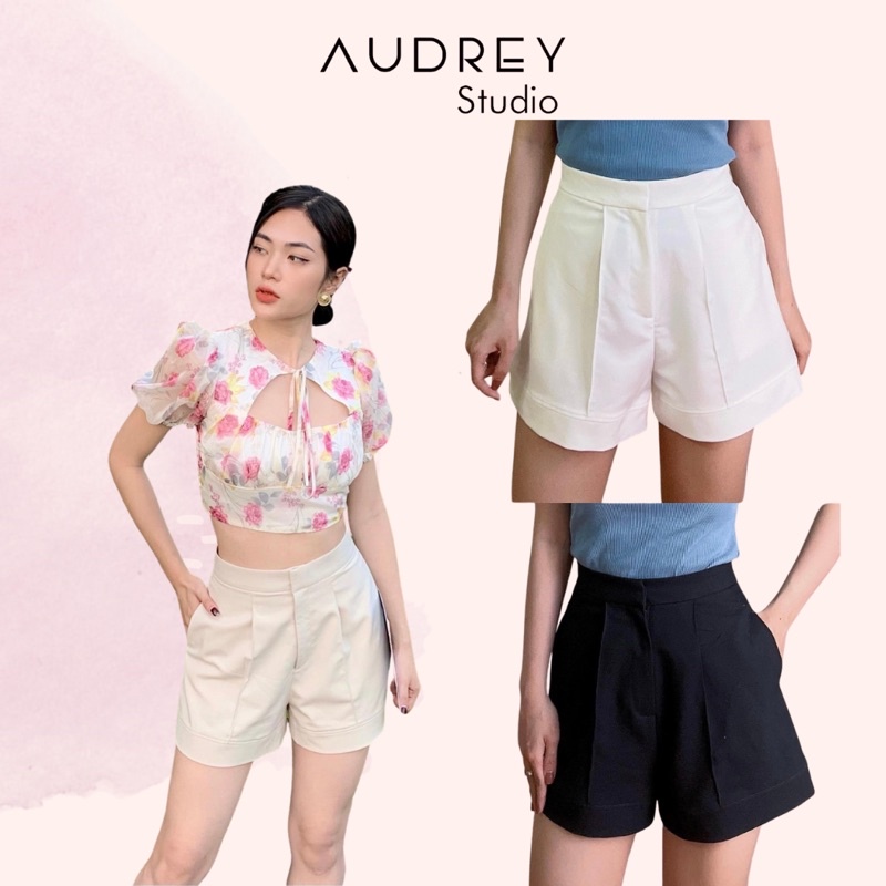 Quần đùi/quần short kaki ống rông cạp cao trắng đen be - Audrey Studio