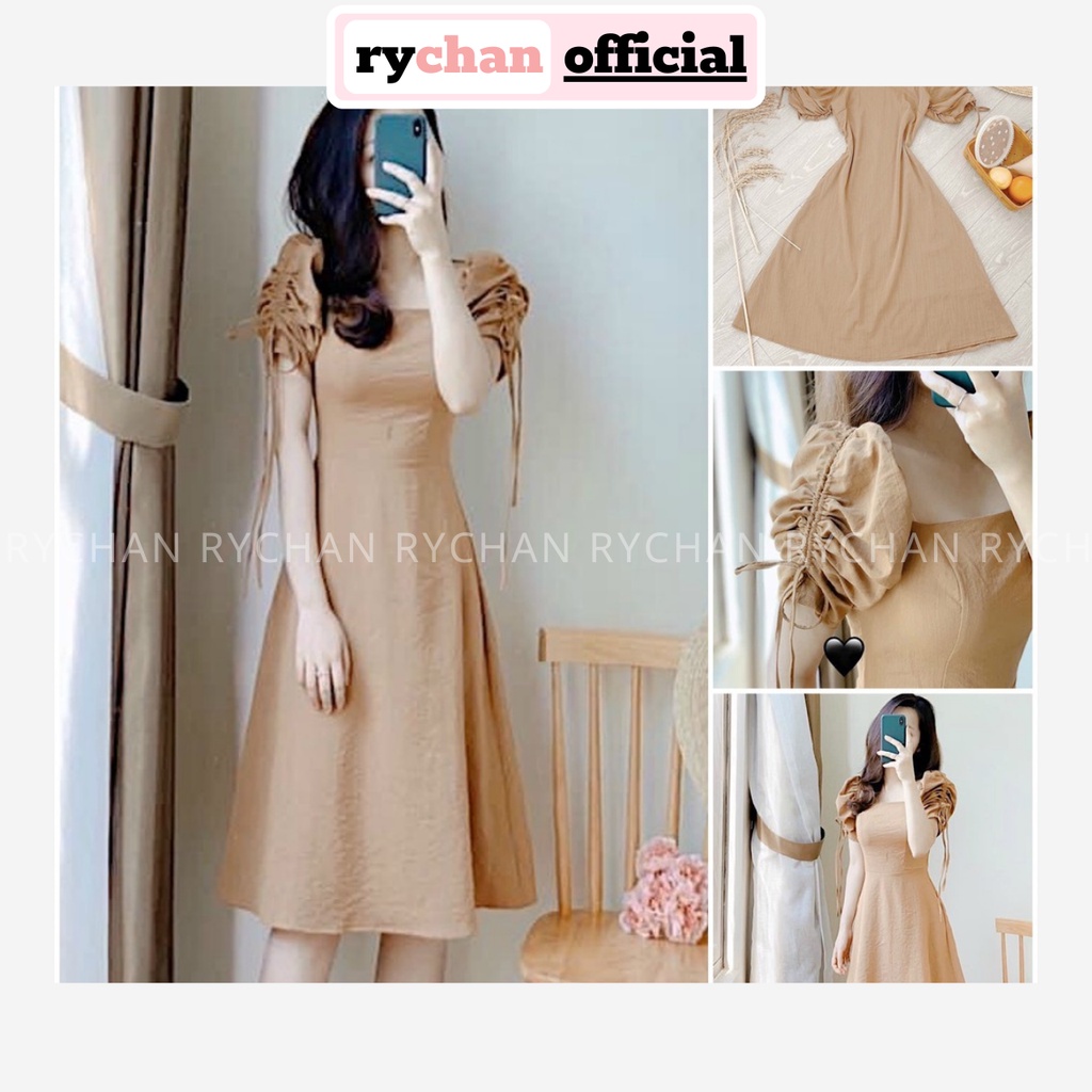 [Ảnh Thật Cuối] Đầm Xòe Nude Cổ Vuông Tay Rút - DX874