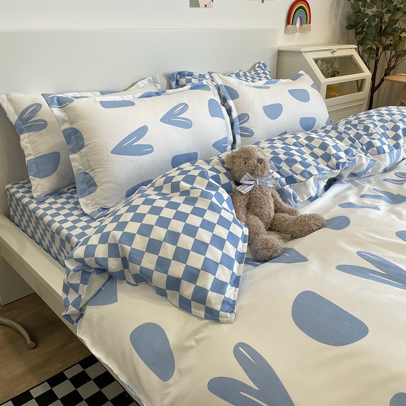 Bộ chăn ga gối Cotton poly M2T bedding gồm vỏ chăn mền, drap ga giường và 2 vỏ gối nằm - PL TIm khuyết xanh