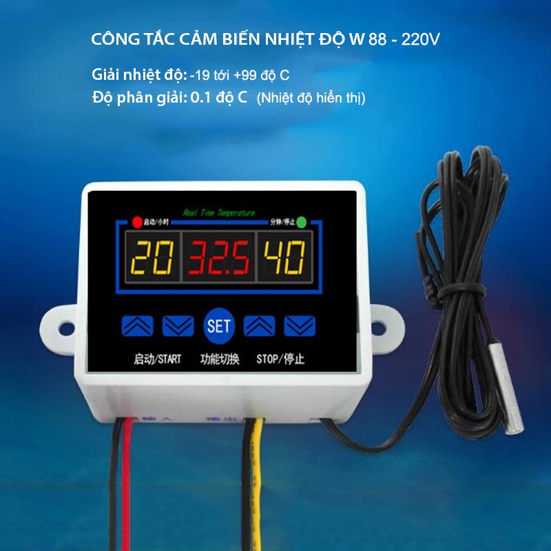 Công tắc cảm biến nhiệt độ W88-220V gắn nổi với 3 màn hình hiển thị nhiệt độ, đầu cảm biến rời chống nước