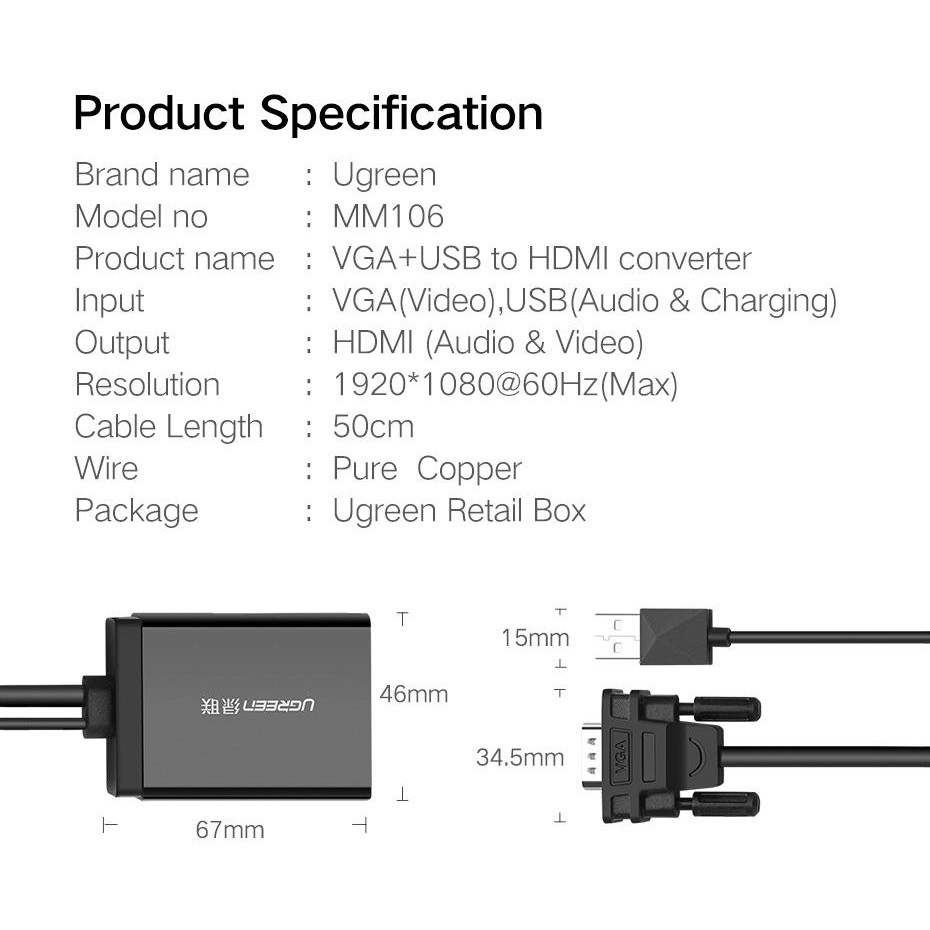 Bộ chuyển VGA ra HDMI fullHD 1080p Cao Cấp UGREEN MM106- Hàng Chính Hãng