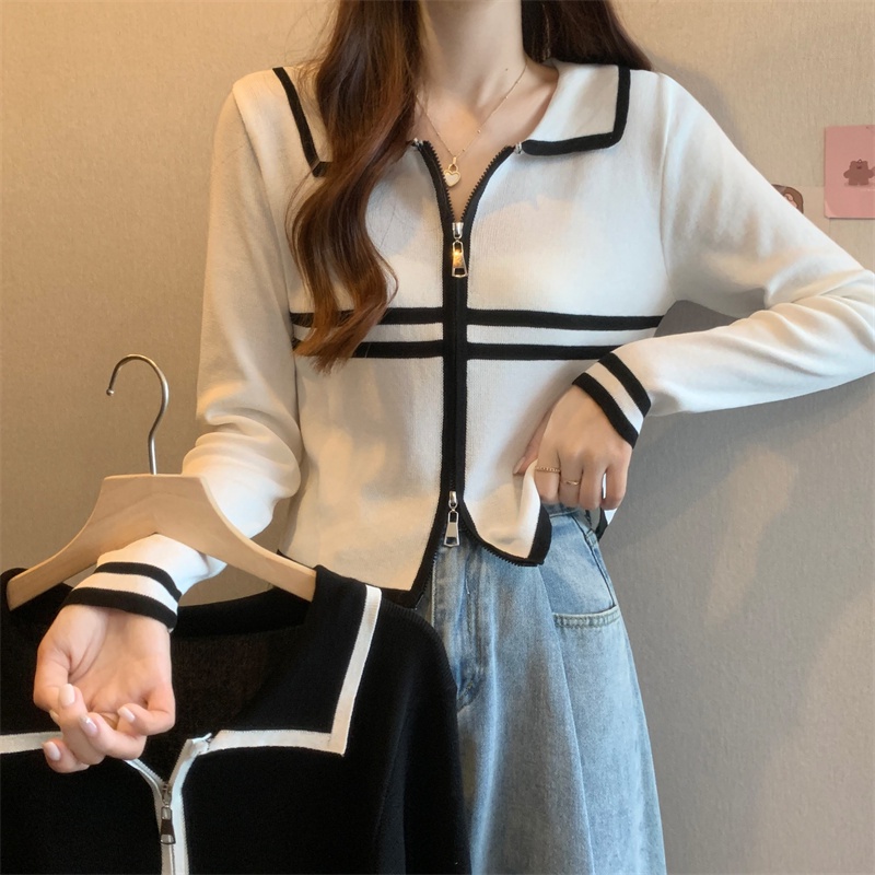 ZHELIHANGFEI Áo Cardigan Dệt Kim Cổ Bẻ Dài Tay Lưng Cao Dễ Phối Đồ