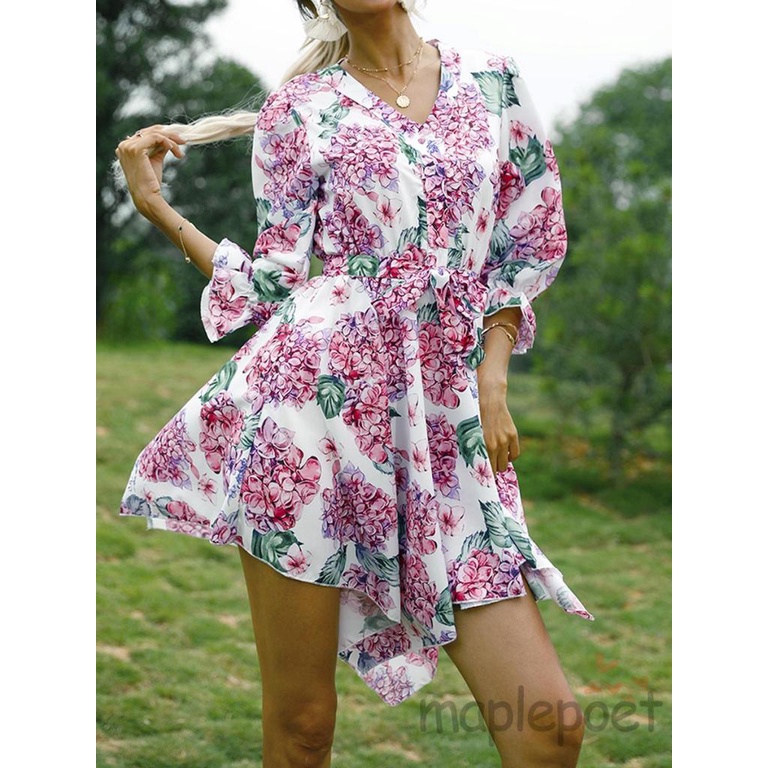 Đầm Cổ Chữ V Tay Lửng In Họa Tiết Hoa Lá Kèm Thắt Lưng Dành Cho Nữ Size S / M / L / XL / XXL