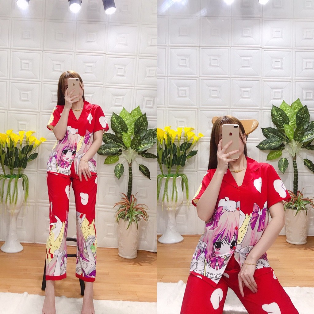 Đồ Ngủ Nữ Pijama Mặc Nhà Lụa Dài Đáng Yêu Vải Mềm Mịn Không Nhăn Không Xù