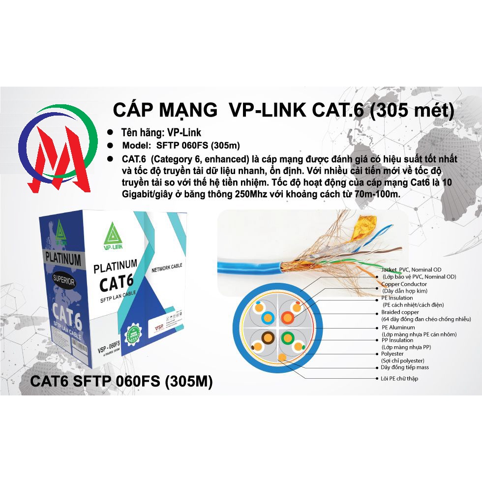 Cáp mạng VP-Link cat6 SFTP VSP-060FS chống nhiễu – dùng được ngoài trời lẫn trong nhà, cáp lan, dây mạng chính hãng