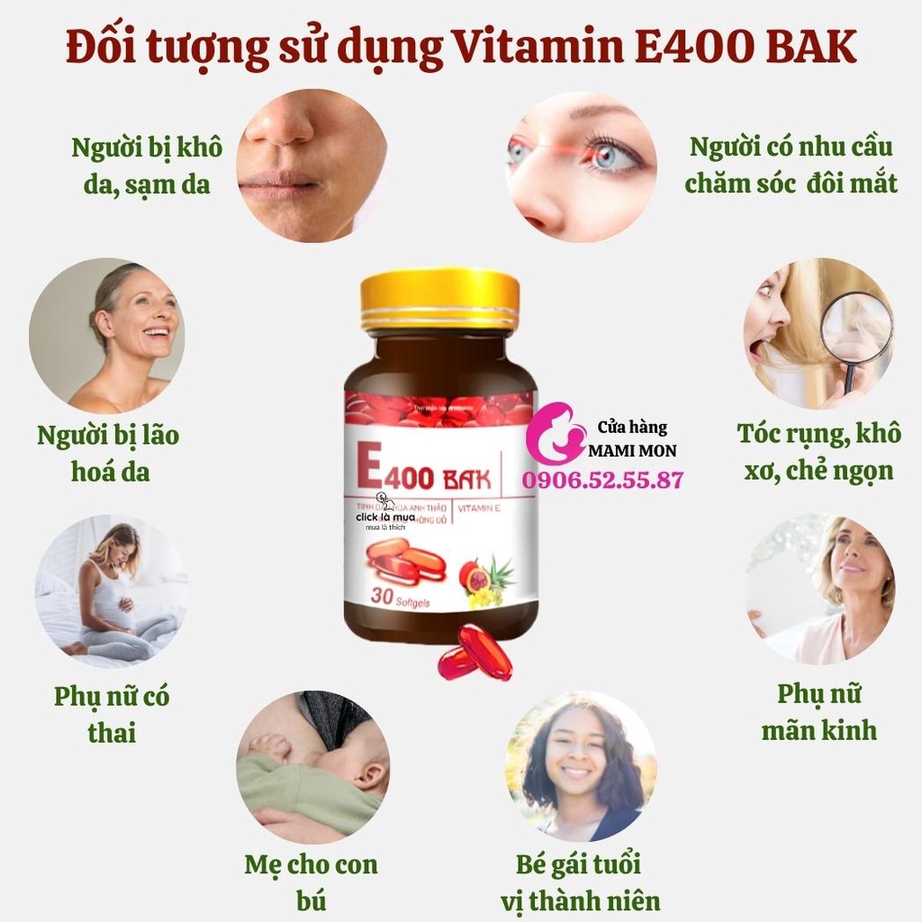 Viên uống vitamin E400 BAK đỏ đẹp da Shop MamiMon - viên uống E 400mg bổ mắt sáng da trắng da chống lão hoá 30 viên