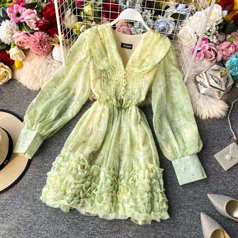 Váy voan cổ chữ V Lolita mới dài tay eo cao kiểu Pháp tình yêu đầu tiên váy hoa nhỏ