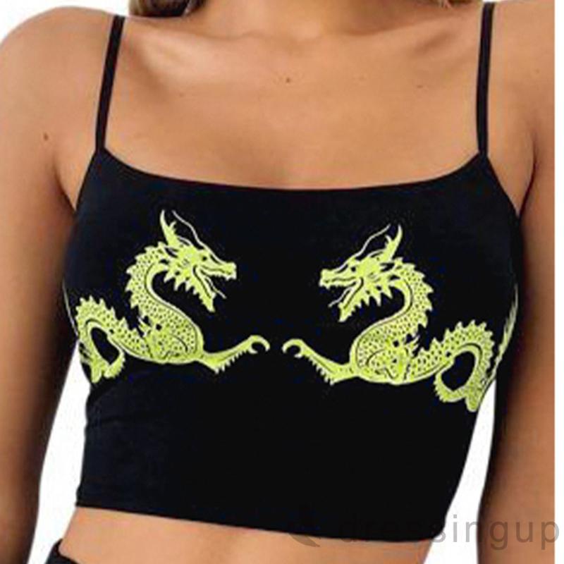 Áo tank top hai dây in hình rồng màu đen ôm dáng phong cách Trung Hoa cho nữ size S/ M/ L