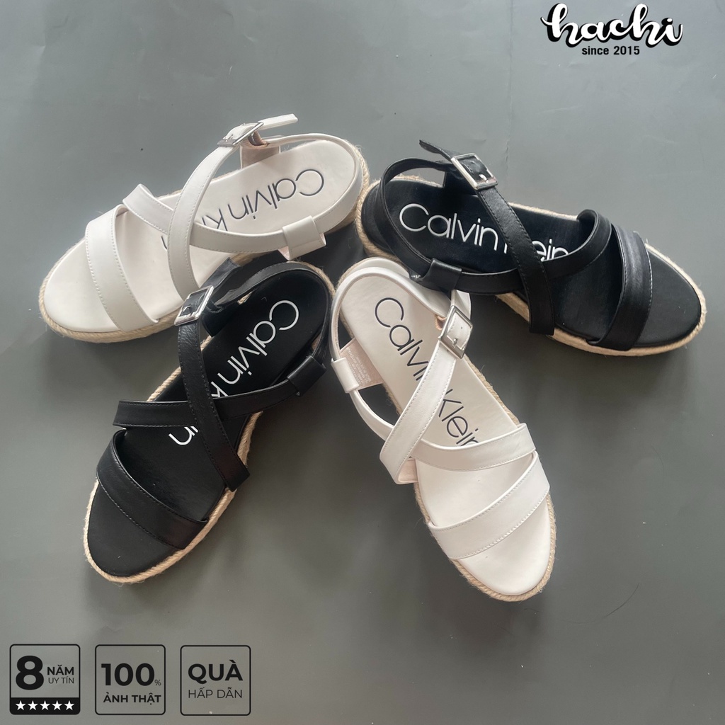 Sandal xuồng C*K, giày đế bằng cao 5cm chất liệu cói phối da trẻ trung, hiện đại