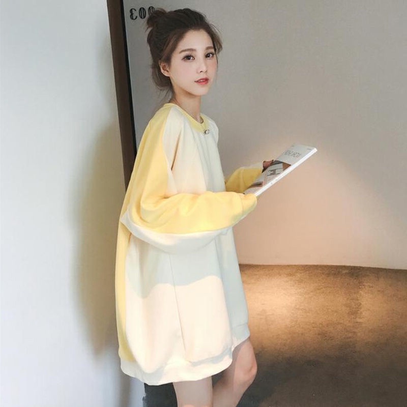 Áo sweater Mỏng Tay Dài Cổ Tròn Dáng Rộng Màu Sắc Khối Lập Thể Thời Trang Cho Nữ