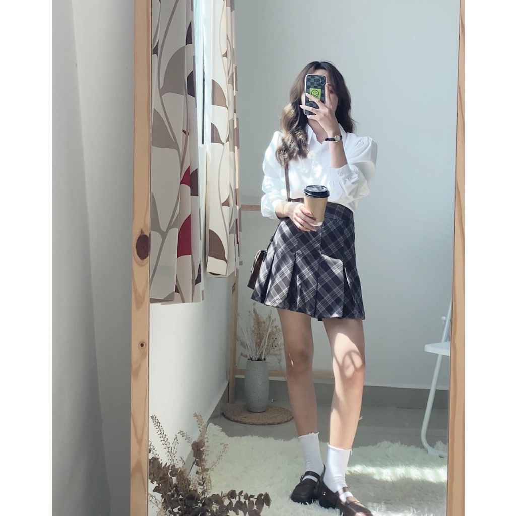 Chân váy xếp li họa tiết Caro lưng cao hack dáng phong cách nữ sinh Hàn Quốc - immin.h