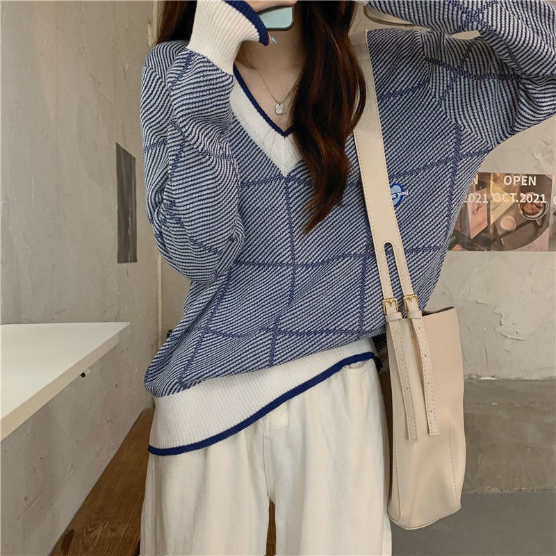 Áo Sweater Dệt Kim Tay Dài Cổ Chữ V Thiết Kế Mới Năng Động Thời Trang