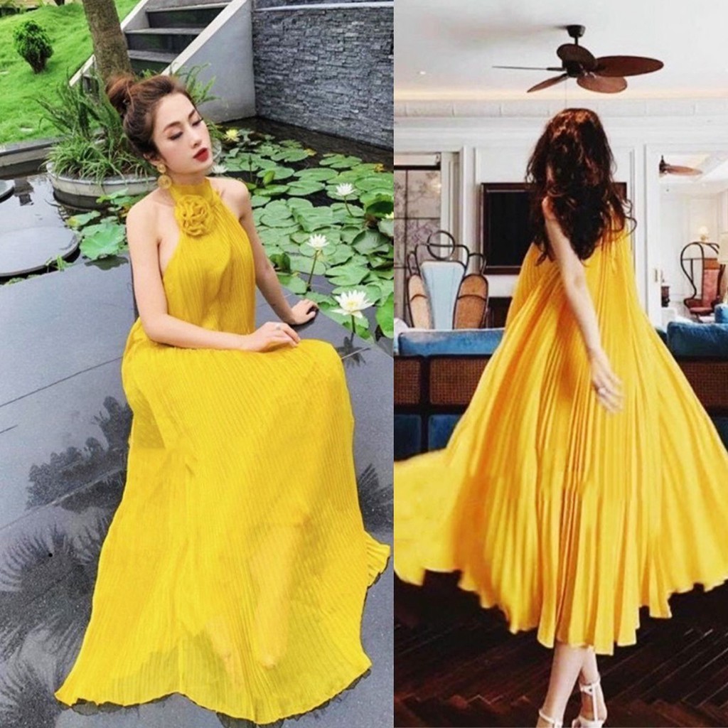 Đầm váy maxi 2 dây hở lưng cổ yếm dập ly kèm hoa thời trang QD_Fastion chất Voon đẹp quyến rũ( clip chính chủ)