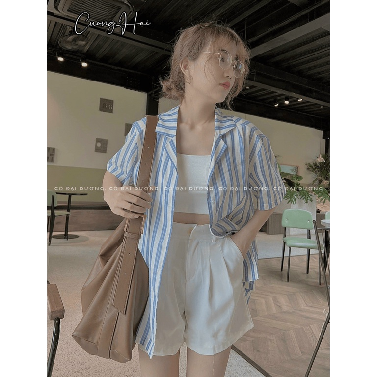 (Free Ship) Sét Áo Sơ Mi Cổ Vest Sọc Xanh Quần Sooc Siêu HOT UP Valetina Shop