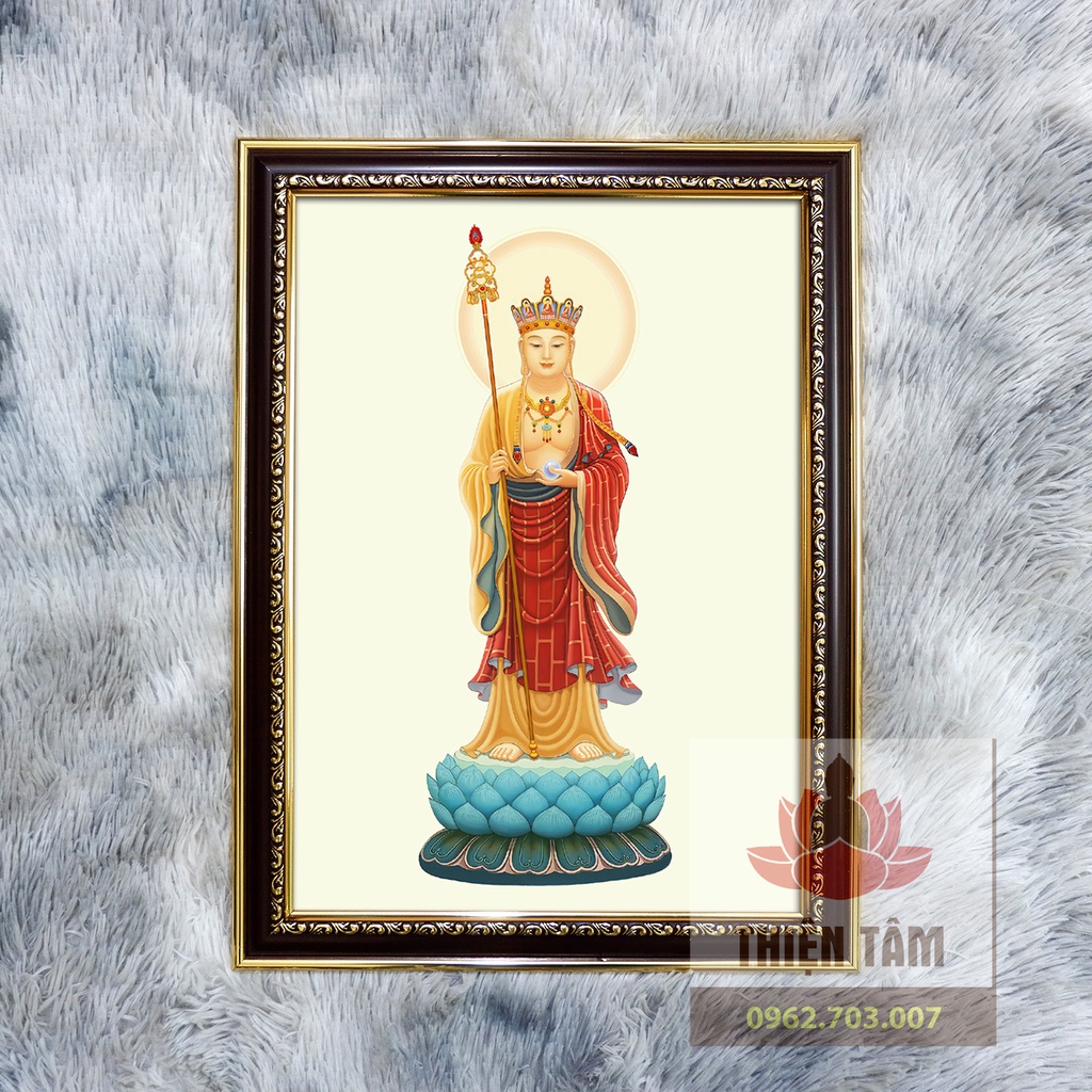 Tranh Địa Tạng Bồ Tát 36x48cm bằng vải phủ bóng khung composite xịn xò