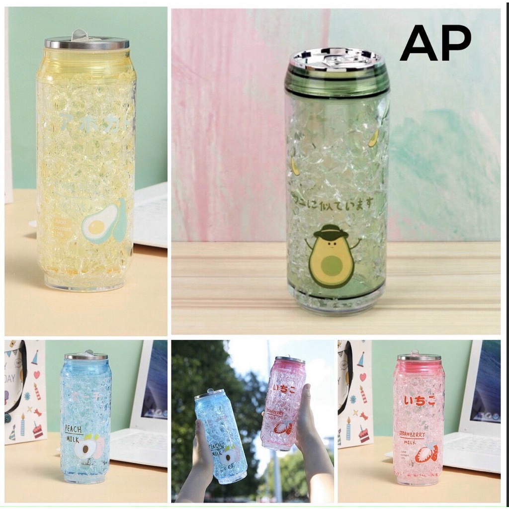 BÌNH NƯỚC NHỰA 2 LỚP BƠ ĐÀO DÂU MẪU COCA SIÊU CUTE KÈM ỐNG HÚT