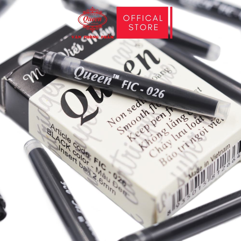Ống mực bút máy Queen  - Đường Kính 2.6mm - 1 hộp 12 ống - Chính Hãng - Màu Tím/Xanh Dương/Đen - FIC026